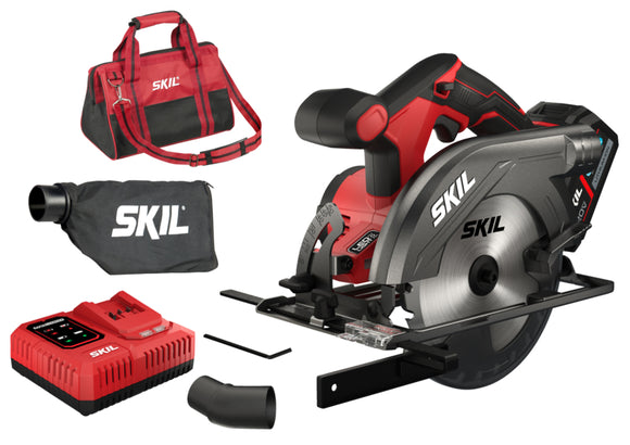 SKIL circular saw with battery, bag, and accessories on a white background